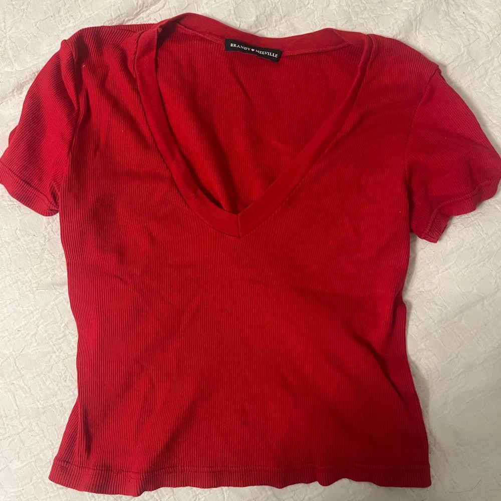 Brandy Melville Red V-Neck Short Sleeve Top